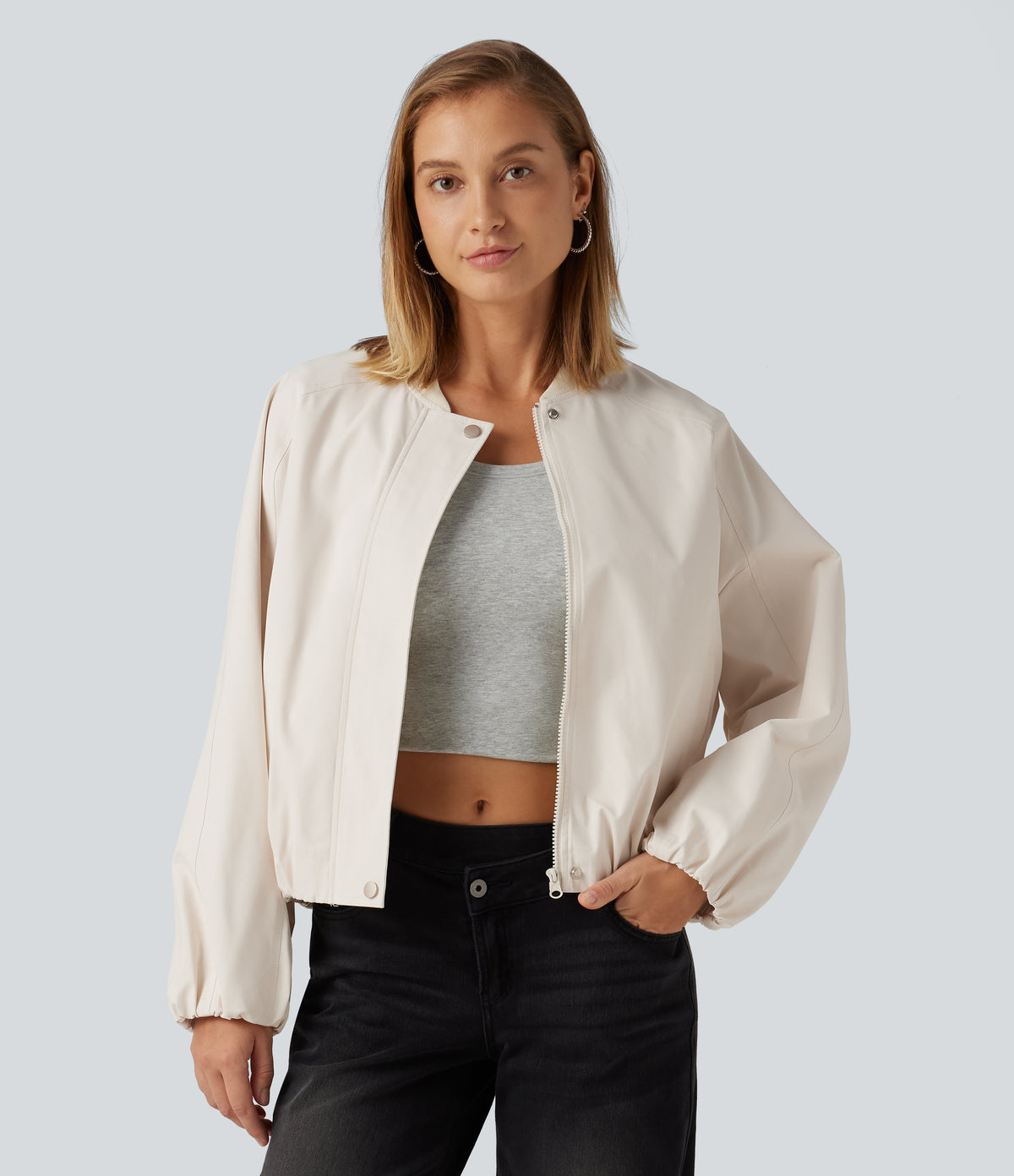 Round Neck Long Sleeve Casual Bomber Jacket with Pockets — Rice Khaki — view 5