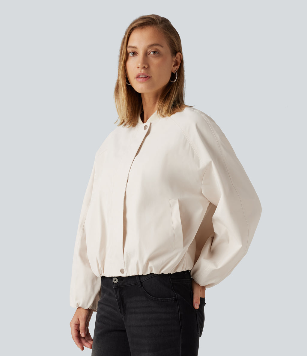 Round Neck Long Sleeve Casual Bomber Jacket with Pockets — Rice Khaki — view 4