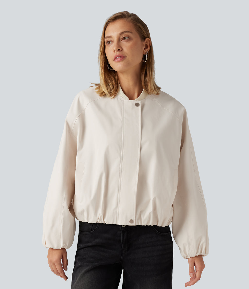 Round Neck Long Sleeve Casual Bomber Jacket with Pockets — Rice Khaki — view 3