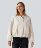 Round Neck Long Sleeve Casual Bomber Jacket with Pockets — Rice Khaki — view 3