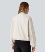 Round Neck Long Sleeve Casual Bomber Jacket with Pockets — Rice Khaki — view 2