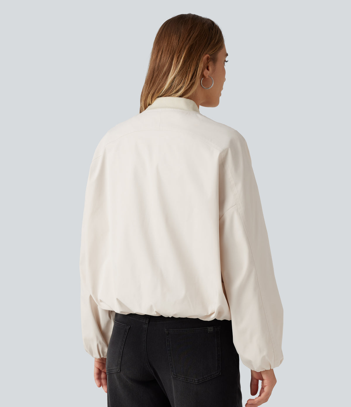 Round Neck Long Sleeve Casual Bomber Jacket with Pockets — Rice Khaki — view 2