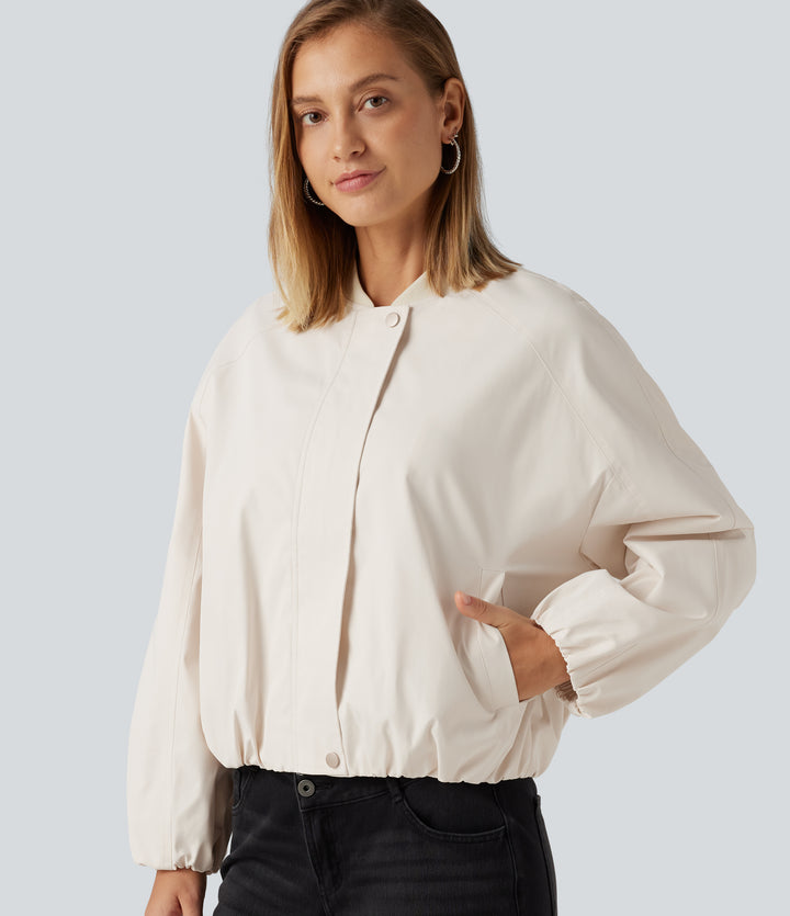 Round Neck Long Sleeve Casual Bomber Jacket with Pockets — Rice Khaki — view 1
