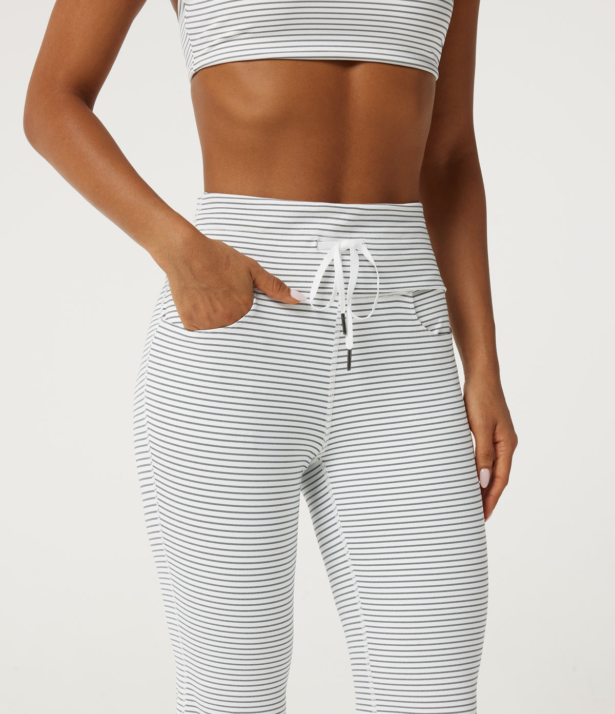 High Waisted Foldover Drawstring Flare Stripe Yoga Leggings with Pockets — Zebra Ripple — view 5