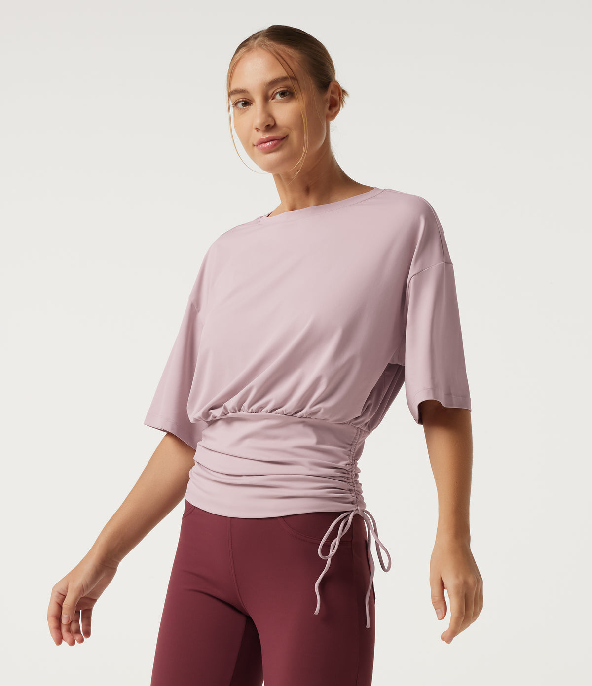Round Neck Dropped Half Sleeve Drawstring Ruched Yoga Sports Top — Pale Lilac — view 1