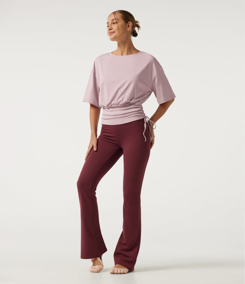 Round Neck Dropped Half Sleeve Drawstring Ruched Yoga Sports Top — Pale Lilac — view 5