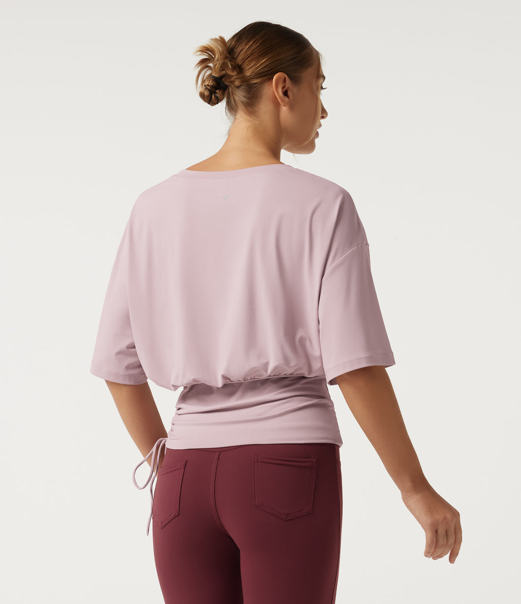 Round Neck Dropped Half Sleeve Drawstring Ruched Yoga Sports Top — Pale Lilac — view 2