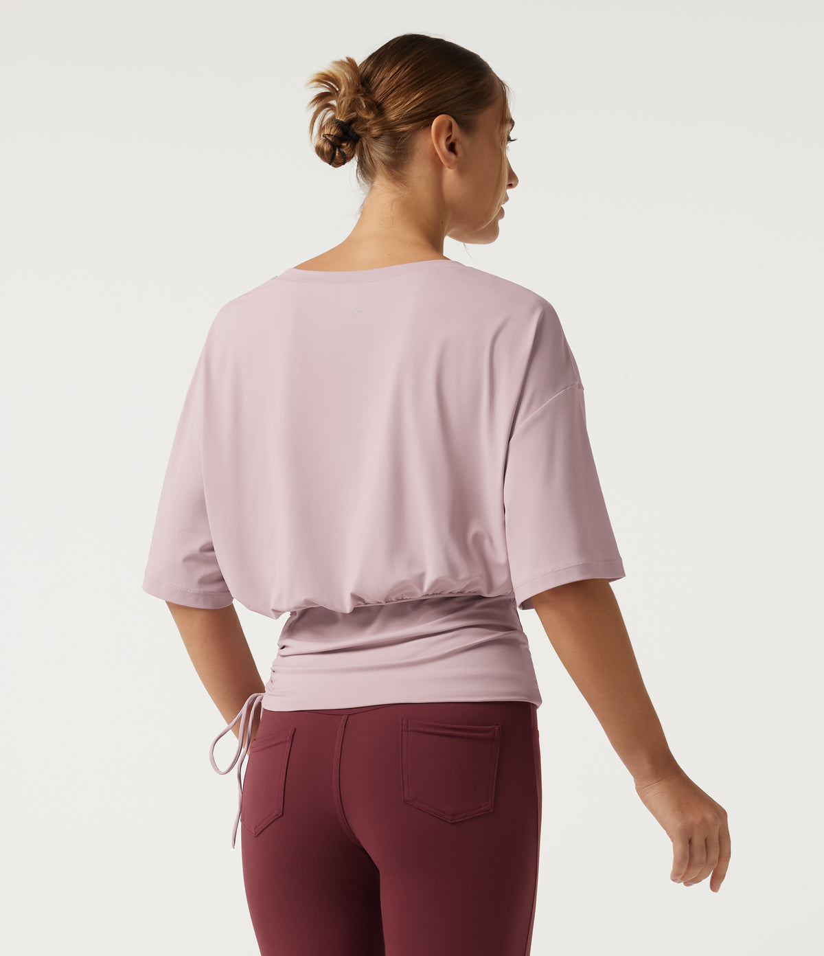 Round Neck Dropped Half Sleeve Drawstring Ruched Yoga Sports Top — Pale Lilac — view 2