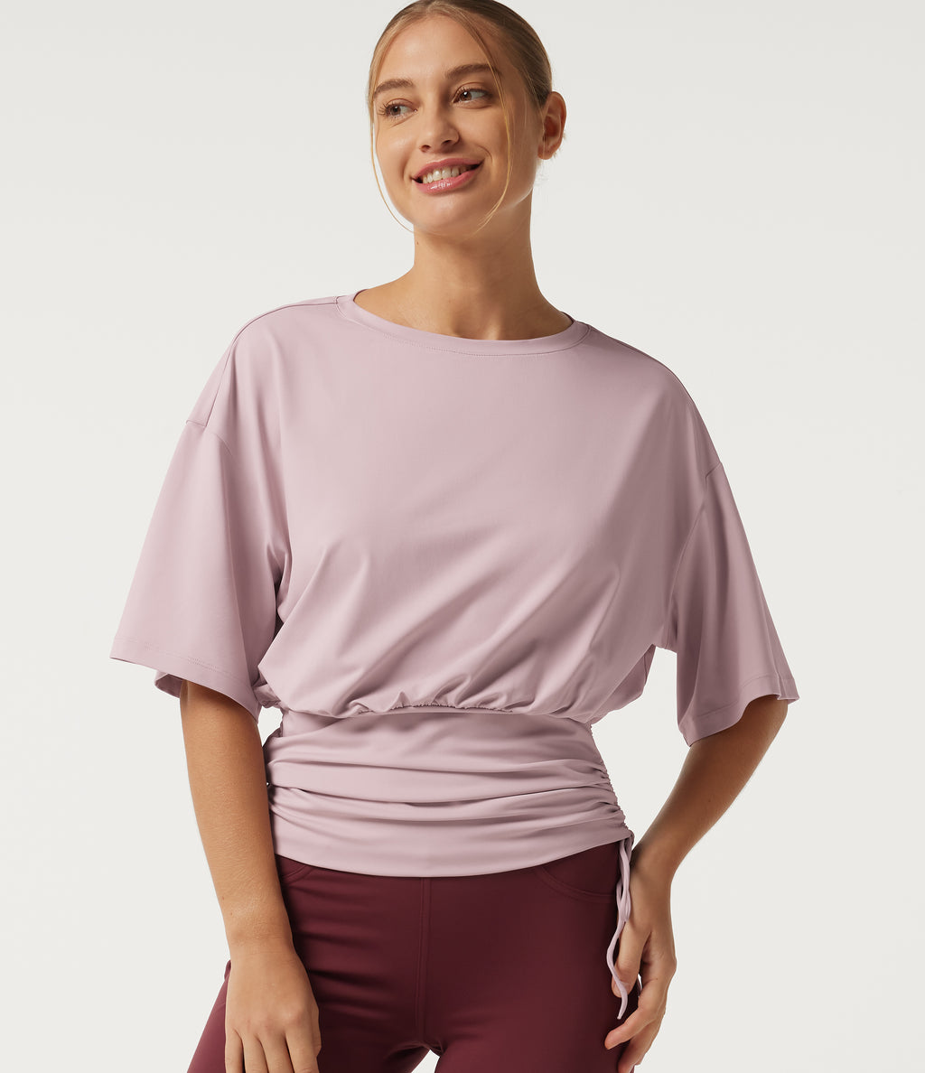 Round Neck Dropped Half Sleeve Drawstring Ruched Yoga Sports Top — Pale Lilac — view 4