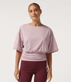 Round Neck Dropped Half Sleeve Drawstring Ruched Yoga Sports Top — Pale Lilac — view 3