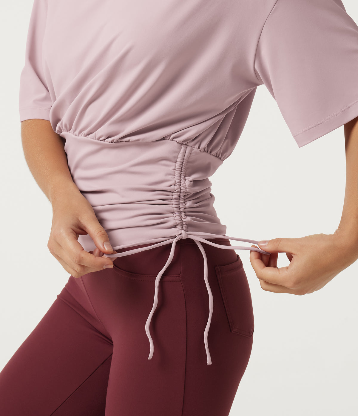 Round Neck Dropped Half Sleeve Drawstring Ruched Yoga Sports Top — Pale Lilac — view 6