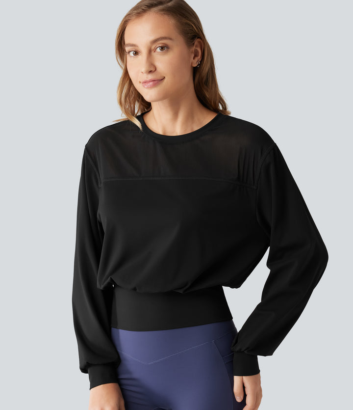 Plush Round Neck Long Sleeve Dropped Contrast Mesh Yoga Sports Top — Black — view 1