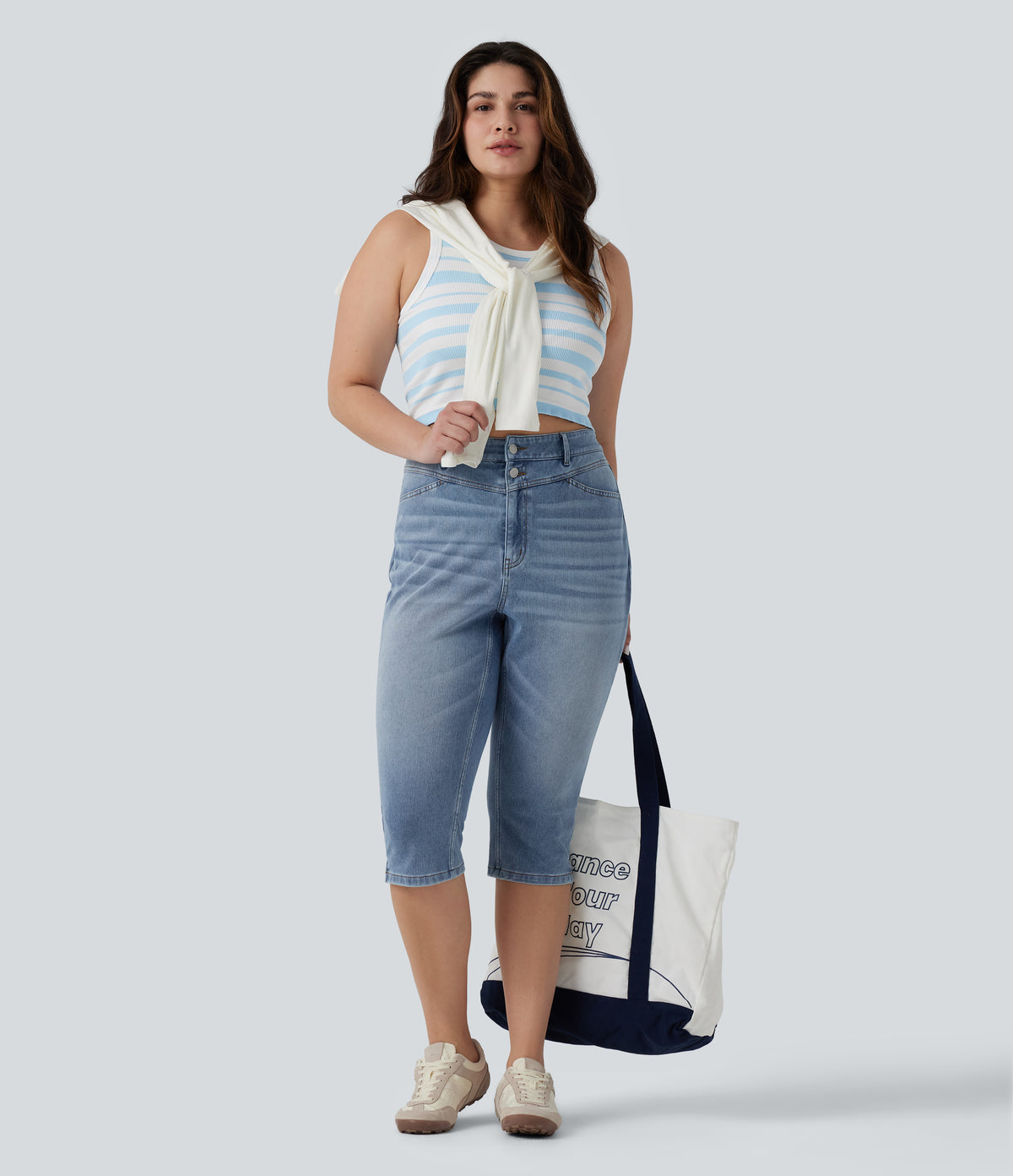 Plus Size High Waisted Split Capri Casual Slim Jeans with Pockets — Powder Blue Denim — view 7