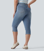 Plus Size High Waisted Split Capri Casual Slim Jeans with Pockets — Powder Blue Denim — view 2