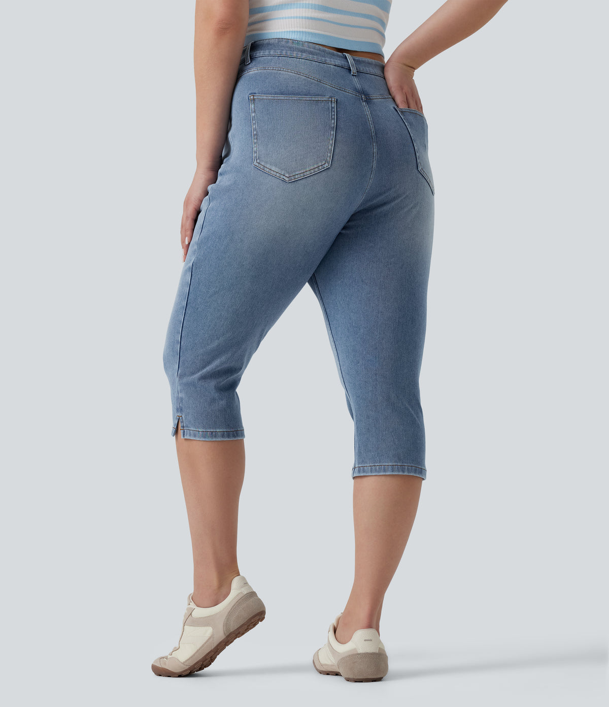 Plus Size High Waisted Split Capri Casual Slim Jeans with Pockets — Powder Blue Denim — view 2