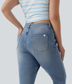 Plus Size High Waisted Split Capri Casual Slim Jeans with Pockets — Powder Blue Denim — view 4