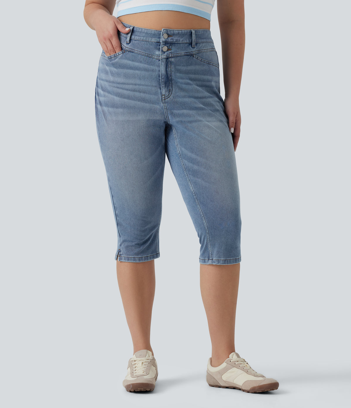 Plus Size High Waisted Split Capri Casual Slim Jeans with Pockets — Powder Blue Denim — view 3