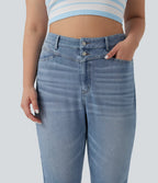 Plus Size High Waisted Split Capri Casual Slim Jeans with Pockets — Powder Blue Denim — view 5