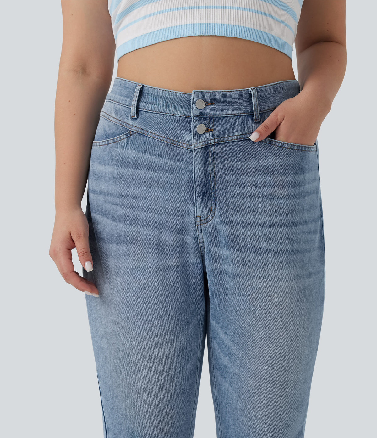 Plus Size High Waisted Split Capri Casual Slim Jeans with Pockets — Powder Blue Denim — view 5