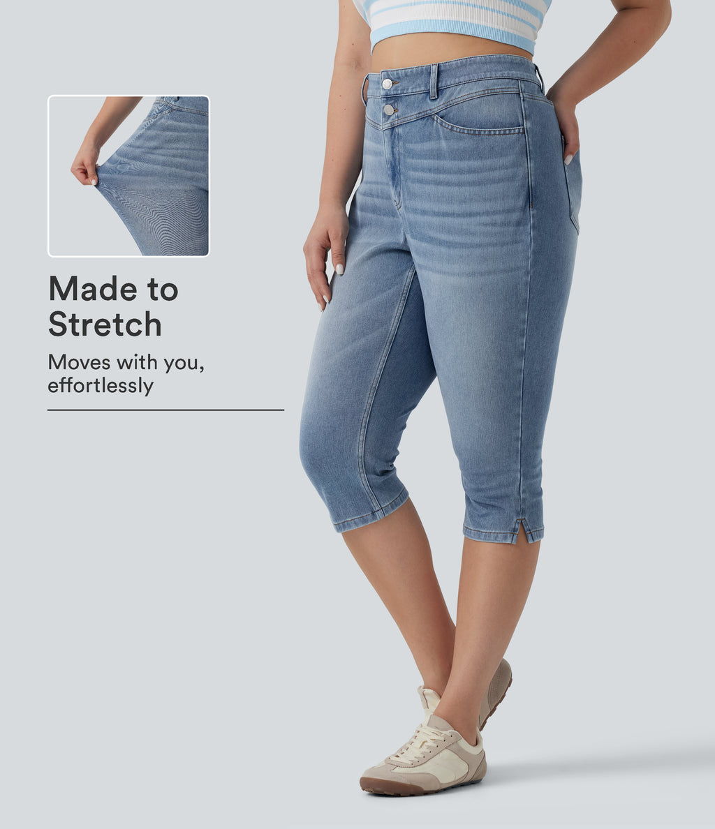 Plus Size High Waisted Split Capri Casual Slim Jeans with Pockets — Powder Blue Denim — view 1