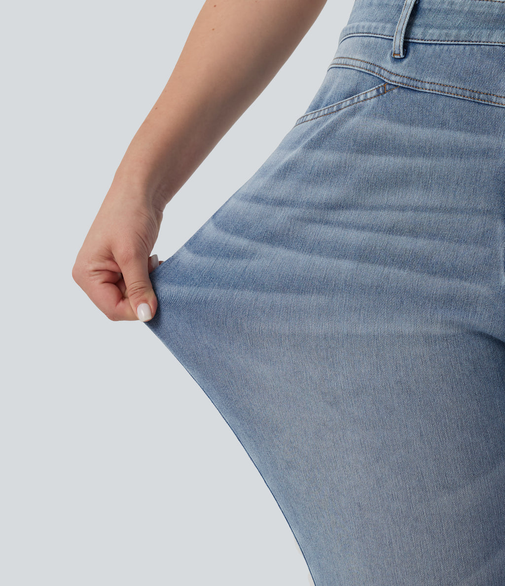 Plus Size High Waisted Split Capri Casual Slim Jeans with Pockets — Powder Blue Denim — view 6