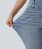 Plus Size High Waisted Split Capri Casual Slim Jeans with Pockets — Powder Blue Denim — view 6