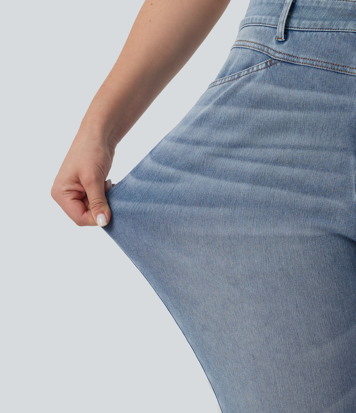 Plus Size High Waisted Split Capri Casual Slim Jeans with Pockets — Powder Blue Denim — view 6