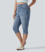 Plus Size High Waisted Split Capri Casual Slim Jeans with Pockets — Powder Blue Denim — view 8