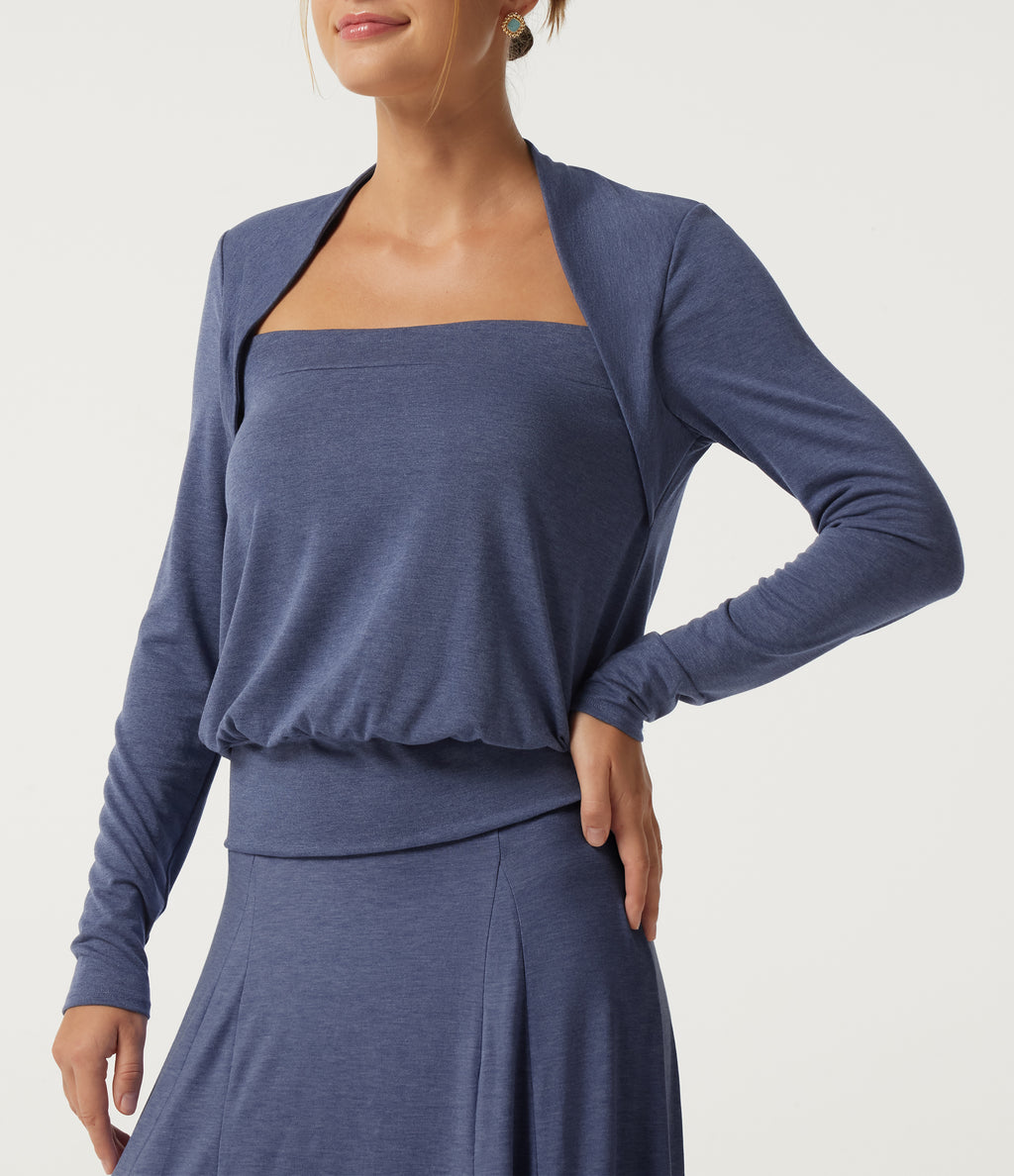 Square Neck Long Sleeve Heathered Casual Top — Mottled Indigo — view 5