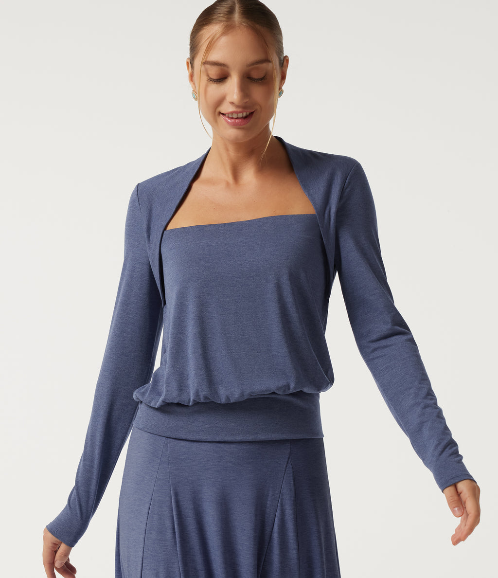 Square Neck Long Sleeve Heathered Casual Top — Mottled Indigo — view 4