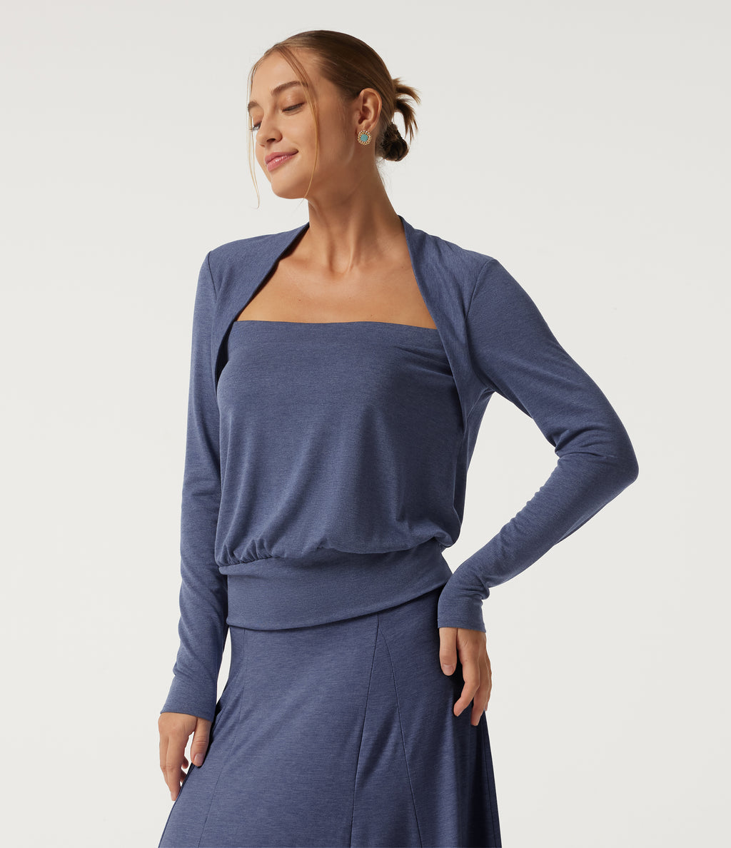 Square Neck Long Sleeve Heathered Casual Top — Mottled Indigo — view 1