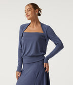 Square Neck Long Sleeve Heathered Casual Top — Mottled Indigo — view 1