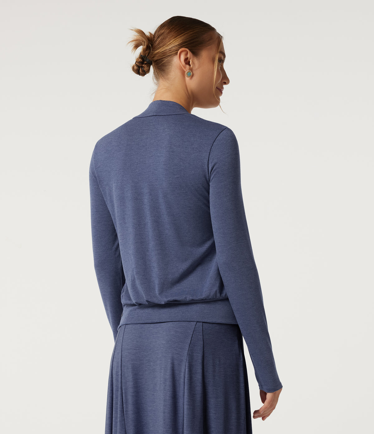 Square Neck Long Sleeve Heathered Casual Top — Mottled Indigo — view 2