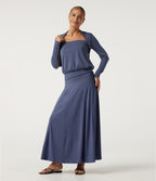 Square Neck Long Sleeve Heathered Casual Top — Mottled Indigo — view 6