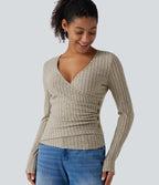 Ribbed Knit V Neck Long Sleeve Asymmetric Crossover Ruched Casual Slim Top — Warm Grey Floral Velvet — view 1