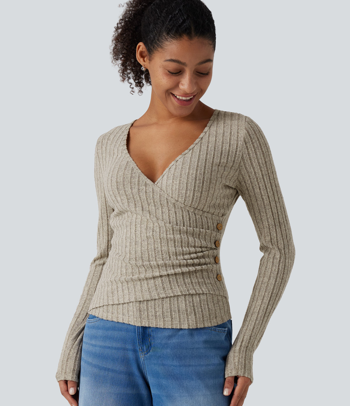 Ribbed Knit V Neck Long Sleeve Asymmetric Crossover Ruched Casual Slim Top — Warm Grey Floral Velvet — view 1