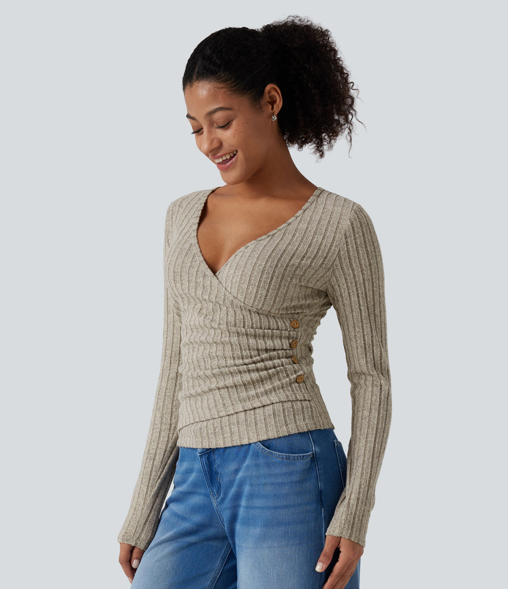 Ribbed Knit V Neck Long Sleeve Asymmetric Crossover Ruched Casual Slim Top — Warm Grey Floral Velvet — view 4