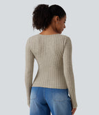 Ribbed Knit V Neck Long Sleeve Asymmetric Crossover Ruched Casual Slim Top — Warm Grey Floral Velvet — view 2