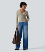 Ribbed Knit V Neck Long Sleeve Asymmetric Crossover Ruched Casual Slim Top — Warm Grey Floral Velvet — view 6