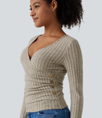 Ribbed Knit V Neck Long Sleeve Asymmetric Crossover Ruched Casual Slim Top — Warm Grey Floral Velvet — view 5