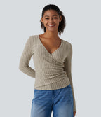 Ribbed Knit V Neck Long Sleeve Asymmetric Crossover Ruched Casual Slim Top — Warm Grey Floral Velvet — view 3