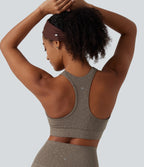 Medium Support V Neck Leopard Built-in Bra Racerback Training Sports Bra — Hazelnut Dark Leopard — view 5