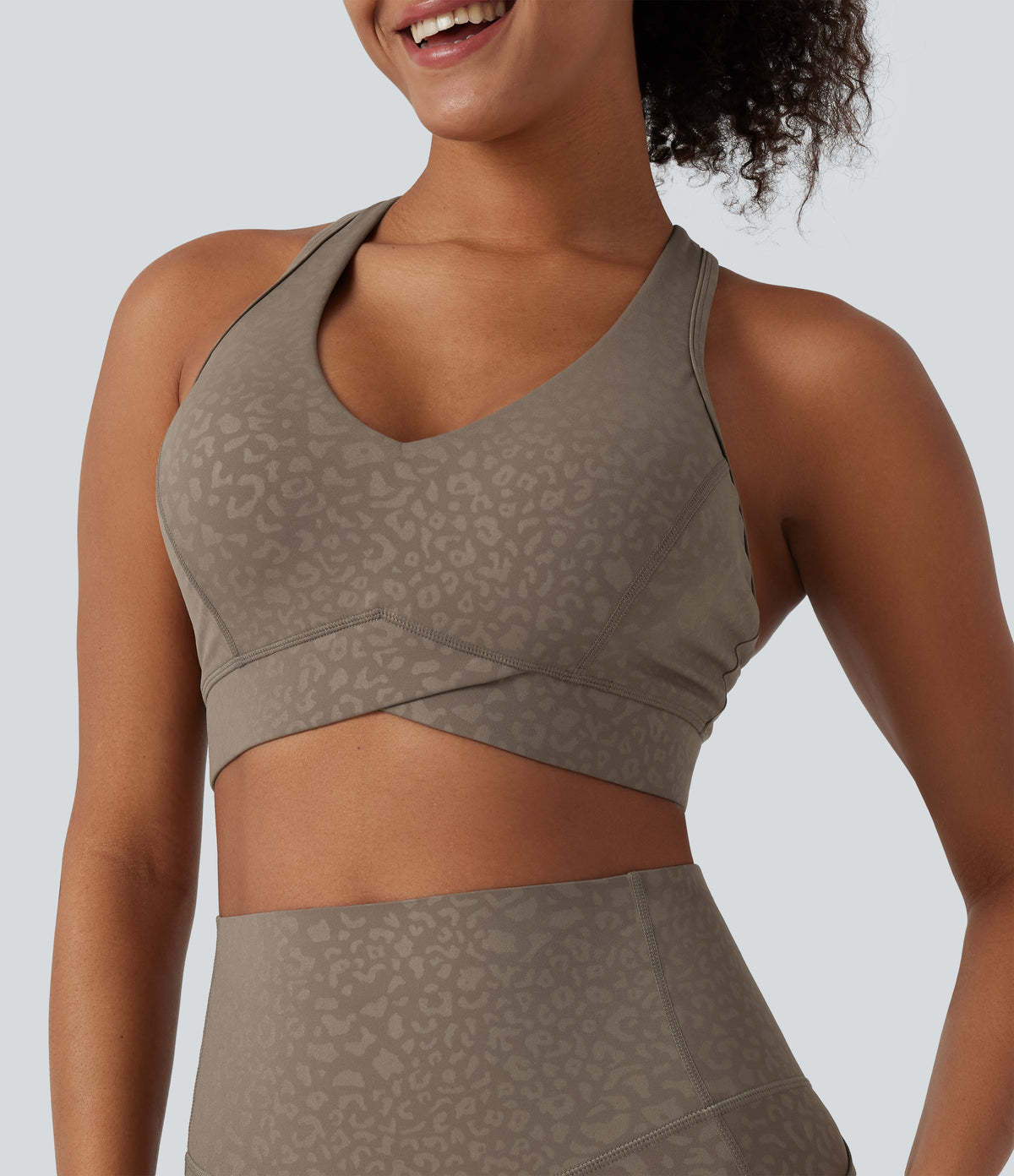 Medium Support V Neck Leopard Built-in Bra Racerback Training Sports Bra — Hazelnut Dark Leopard — view 6