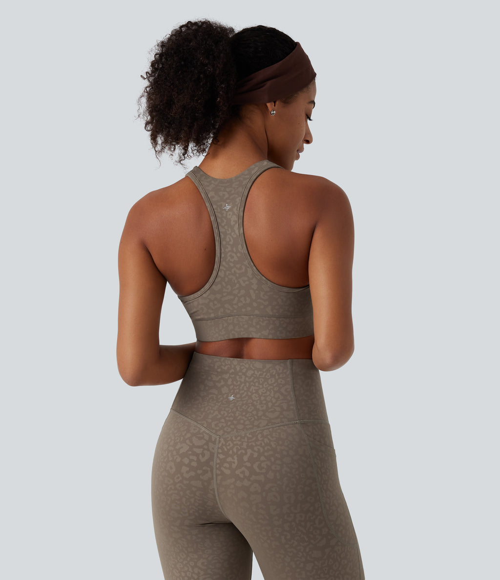 Medium Support V Neck Leopard Built-in Bra Racerback Training Sports Bra — Hazelnut Dark Leopard — view 2