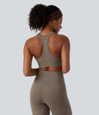 Medium Support V Neck Leopard Built-in Bra Racerback Training Sports Bra — Hazelnut Dark Leopard — view 2