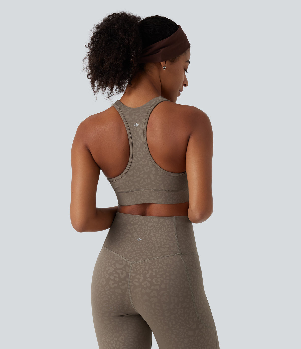 Medium Support V Neck Leopard Built-in Bra Racerback Training Sports Bra — Hazelnut Dark Leopard — view 2