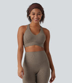Medium Support V Neck Leopard Built-in Bra Racerback Training Sports Bra — Hazelnut Dark Leopard — view 4