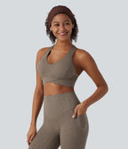 Medium Support V Neck Leopard Built-in Bra Racerback Training Sports Bra — Hazelnut Dark Leopard — view 3