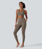 Medium Support V Neck Leopard Built-in Bra Racerback Training Sports Bra — Hazelnut Dark Leopard — view 8