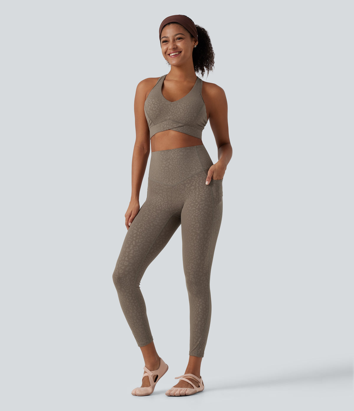 Medium Support V Neck Leopard Built-in Bra Racerback Training Sports Bra — Hazelnut Dark Leopard — view 8